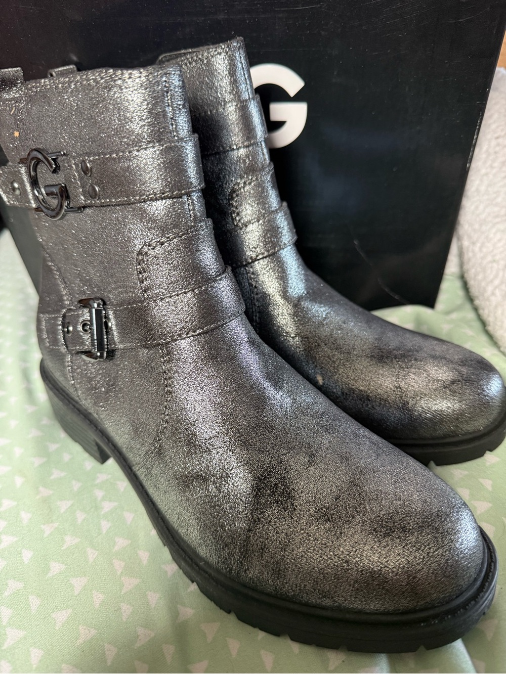 GBG Los Angeles Metallic Silver Buckle Ankle Boots